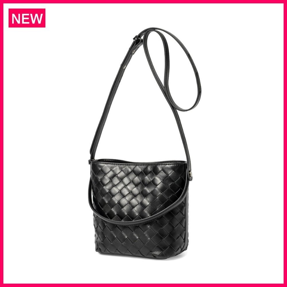 Small Woven Leather Tote Bag Mini Lambskin Bucket Purse Zipper Closure
